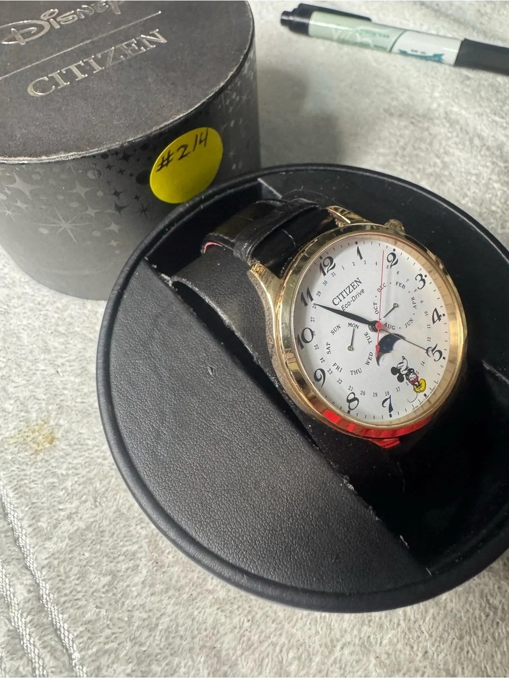 #214 Citizen Gold-Tone Case White Dial Mickey Mouse Men’s Watch with Black Strap